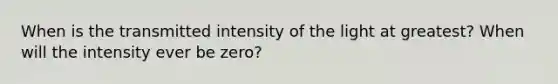 When is the transmitted intensity of the light at greatest? When will the intensity ever be zero?