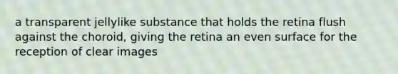 a transparent jellylike substance that holds the retina flush against the choroid, giving the retina an even surface for the reception of clear images