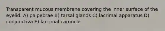 Transparent mucous membrane covering the inner surface of the eyelid. A) palpebrae B) tarsal glands C) lacrimal apparatus D) conjunctiva E) lacrimal caruncle