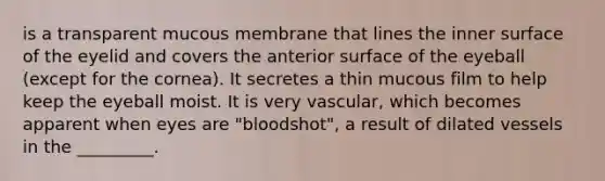 is a transparent mucous membrane that lines the inner surface of the eyelid and covers the anterior surface of the eyeball (except for the cornea). It secretes a thin mucous film to help keep the eyeball moist. It is very vascular, which becomes apparent when eyes are "bloodshot", a result of dilated vessels in the _________.