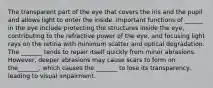 The transparent part of the eye that covers the iris and the pupil and allows light to enter the inside. Important functions of ______ in the eye include protecting the structures inside the eye, contributing to the refractive power of the eye, and focusing light rays on the retina with minimum scatter and optical degradation. The _______ tends to repair itself quickly from minor abrasions. However, deeper abrasions may cause scars to form on the_______, which causes the _______ to lose its transparency, leading to visual impairment.