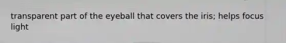 transparent part of the eyeball that covers the iris; helps focus light