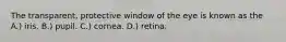 The transparent, protective window of the eye is known as the A.) iris. B.) pupil. C.) cornea. D.) retina.