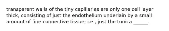 transparent walls of the tiny capillaries are only one cell layer thick, consisting of just the endothelium underlain by a small amount of fine connective tissue; i.e., just the tunica ______.