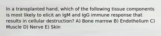 In a transplanted hand, which of the following tissue components is most likely to elicit an IgM and IgG immune response that results in cellular destruction? A) Bone marrow B) Endothelium C) Muscle D) Nerve E) Skin