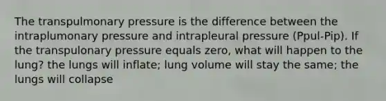 The transpulmonary pressure is the difference between the intraplumonary pressure and intrapleural pressure (Ppul-Pip). If the transpulonary pressure equals zero, what will happen to the lung? the lungs will inflate; lung volume will stay the same; the lungs will collapse