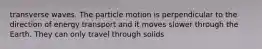 transverse waves. The particle motion is perpendicular to the direction of energy transport and it moves slower through the Earth. They can only travel through solids