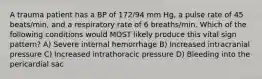 A trauma patient has a BP of 172/94 mm Hg, a pulse rate of 45 beats/min, and a respiratory rate of 6 breaths/min. Which of the following conditions would MOST likely produce this vital sign pattern? A) Severe internal hemorrhage B) Increased intracranial pressure C) Increased intrathoracic pressure D) Bleeding into the pericardial sac