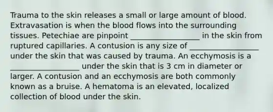 Trauma to the skin releases a small or large amount of blood. Extravasation is when the blood flows into the surrounding tissues. Petechiae are pinpoint __________________ in the skin from ruptured capillaries. A contusion is any size of __________________ under the skin that was caused by trauma. An ecchymosis is a __________________ under the skin that is 3 cm in diameter or larger. A contusion and an ecchymosis are both commonly known as a bruise. A hematoma is an elevated, localized collection of blood under the skin.