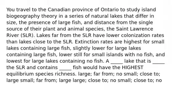 You travel to the Canadian province of Ontario to study island biogeography theory in a series of natural lakes that differ in size, the presence of large fish, and distance from the single source of their plant and animal species, the Saint Lawrence River (SLR). Lakes far from the SLR have lower colonization rates than lakes close to the SLR. Extinction rates are highest for small lakes containing large fish, slightly lower for large lakes containing large fish, lower still for small islands with no fish, and lowest for large lakes containing no fish. A _____ lake that is _____ the SLR and contains _____ fish would have the HIGHEST equilibrium species richness. large; far from; no small; close to; large small; far from; large large; close to; no small; close to; no