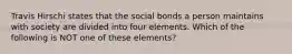 Travis Hirschi states that the social bonds a person maintains with society are divided into four elements. Which of the following is NOT one of these elements?