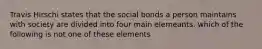 Travis Hirschi states that the social bonds a person maintains with society are divided into four main elemeants. which of the following is not one of these elements