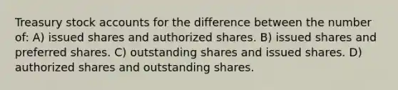 Treasury stock accounts for the difference between the number of: A) issued shares and authorized shares. B) issued shares and preferred shares. C) outstanding shares and issued shares. D) authorized shares and outstanding shares.