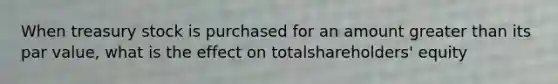 When treasury stock is purchased for an amount greater than its par value, what is the effect on totalshareholders' equity