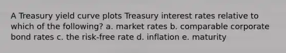 A Treasury yield curve plots Treasury interest rates relative to which of the following? a. market rates b. comparable corporate bond rates c. the risk-free rate d. inflation e. maturity