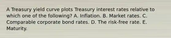 A Treasury yield curve plots Treasury interest rates relative to which one of the following? A. Inflation. B. Market rates. C. Comparable corporate bond rates. D. The risk-free rate. E. Maturity.