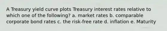 A Treasury yield curve plots Treasury interest rates relative to which one of the following? a. market rates b. comparable corporate bond rates c. the risk-free rate d. inflation e. Maturity