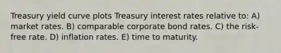 Treasury yield curve plots Treasury interest rates relative to: A) market rates. B) comparable corporate bond rates. C) the risk-free rate. D) inflation rates. E) time to maturity.