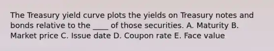 The Treasury yield curve plots the yields on Treasury notes and bonds relative to the ____ of those securities. A. Maturity B. Market price C. Issue date D. Coupon rate E. Face value