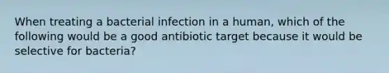 When treating a bacterial infection in a human, which of the following would be a good antibiotic target because it would be selective for bacteria?