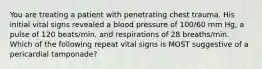 You are treating a patient with penetrating chest trauma. His initial vital signs revealed a blood pressure of 100/60 mm Hg, a pulse of 120 beats/min, and respirations of 28 breaths/min. Which of the following repeat vital signs is MOST suggestive of a pericardial tamponade?