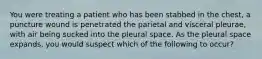 You were treating a patient who has been stabbed in the chest, a puncture wound is penetrated the parietal and visceral pleurae, with air being sucked into the pleural space. As the pleural space expands, you would suspect which of the following to occur?