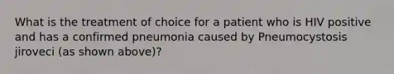 What is the treatment of choice for a patient who is HIV positive and has a confirmed pneumonia caused by Pneumocystosis jiroveci (as shown above)?