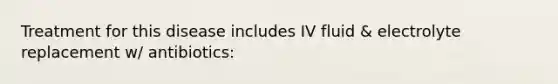 Treatment for this disease includes IV fluid & electrolyte replacement w/ antibiotics: