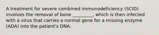 A treatment for severe combined immunodeficiency (SCID) involves the removal of bone _________, which is then infected with a virus that carries a normal gene for a missing enzyme (ADA) into the patient's DNA.