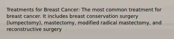 Treatments for Breast Cancer: The most common treatment for breast cancer. It includes breast conservation surgery (lumpectomy), mastectomy, modified radical mastectomy, and reconstructive surgery