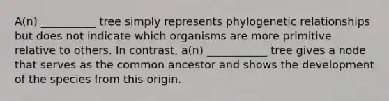 A(n) __________ tree simply represents phylogenetic relationships but does not indicate which organisms are more primitive relative to others. In contrast, a(n) ___________ tree gives a node that serves as the common ancestor and shows the development of the species from this origin.