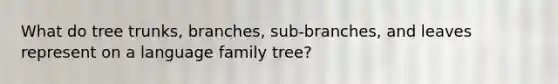 What do tree trunks, branches, sub-branches, and leaves represent on a language family tree?