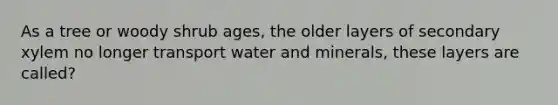 As a tree or woody shrub ages, the older layers of secondary xylem no longer transport water and minerals, these layers are called?