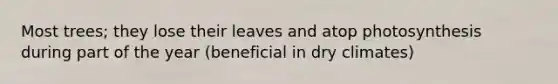 Most trees; they lose their leaves and atop photosynthesis during part of the year (beneficial in dry climates)