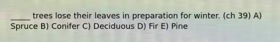 _____ trees lose their leaves in preparation for winter. (ch 39) A) Spruce B) Conifer C) Deciduous D) Fir E) Pine