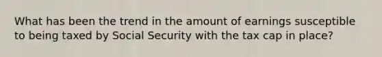 What has been the trend in the amount of earnings susceptible to being taxed by Social Security with the tax cap in place?