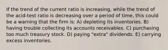 If the trend of the current ratio is increasing, while the trend of the acid-test ratio is decreasing over a period of time, this could be a warning that the firm is: A) depleting its inventories. B) having trouble collecting its accounts receivables. C) purchasing too much treasury stock. D) paying "extra" dividends. E) carrying excess inventories.