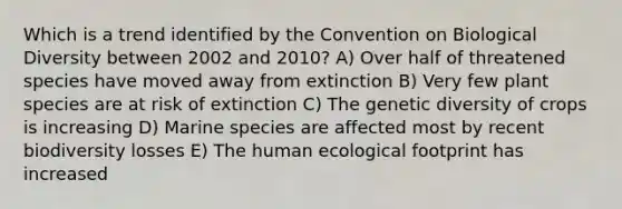 Which is a trend identified by the Convention on Biological Diversity between 2002 and 2010? A) Over half of threatened species have moved away from extinction B) Very few plant species are at risk of extinction C) The genetic diversity of crops is increasing D) Marine species are affected most by recent biodiversity losses E) The human ecological footprint has increased