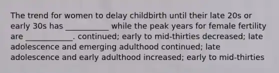 The trend for women to delay childbirth until their late 20s or early 30s has ___________ while the peak years for female fertility are ____________. continued; early to mid-thirties decreased; late adolescence and emerging adulthood continued; late adolescence and early adulthood increased; early to mid-thirties