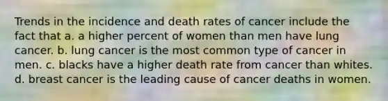 Trends in the incidence and death rates of cancer include the fact that a. a higher percent of women than men have lung cancer. b. lung cancer is the most common type of cancer in men. c. blacks have a higher death rate from cancer than whites. d. breast cancer is the leading cause of cancer deaths in women.