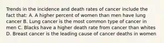 Trends in the incidence and death rates of cancer include the fact that: A. A higher percent of women than men have lung cancer B. Lung cancer is the most common type of cancer in men C. Blacks have a higher death rate from cancer than whites D. Breast cancer is the leading cause of cancer deaths in women