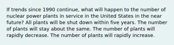 If trends since 1990 continue, what will happen to the number of nuclear power plants in service in the United States in the near future? All plants will be shut down within five years. The number of plants will stay about the same. The number of plants will rapidly decrease. The number of plants will rapidly increase.