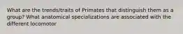 What are the trends/traits of Primates that distinguish them as a group? What anatomical specializations are associated with the different locomotor