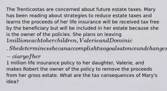 The Trenticostas are concerned about future estate taxes. Mary has been reading about strategies to reduce estate taxes and learns the proceeds of her life insurance will be received tax free by the beneficiary but will be included in her estate because she is the owner of the policies. She plans on leaving 1 million each to her children, Valerie and Dominic. She determines she can accomplish two goals at once and changes the benefi- ciary of her1 million life insurance policy to her daughter, Valerie, and makes Robert the owner of the policy to remove the proceeds from her gross estate. What are the tax consequences of Mary's idea?