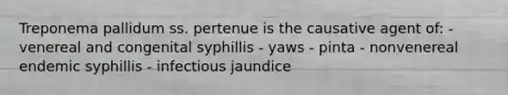 Treponema pallidum ss. pertenue is the causative agent of: - venereal and congenital syphillis - yaws - pinta - nonvenereal endemic syphillis - infectious jaundice