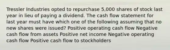 Tressler Industries opted to repurchase 5,000 shares of stock last year in lieu of paying a dividend. The cash flow statement for last year must have which one of the following assuming that no new shares were issued? Positive operating cash flow Negative cash flow from assets Positive net income Negative operating cash flow Positive cash flow to stockholders