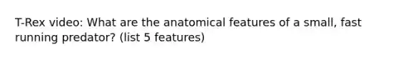 T-Rex video: What are the anatomical features of a small, fast running predator? (list 5 features)