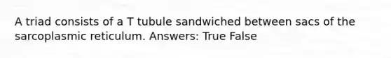 A triad consists of a T tubule sandwiched between sacs of the sarcoplasmic reticulum. Answers: True False