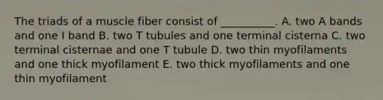 The triads of a muscle fiber consist of __________. A. two A bands and one I band B. two T tubules and one terminal cisterna C. two terminal cisternae and one T tubule D. two thin myofilaments and one thick myofilament E. two thick myofilaments and one thin myofilament