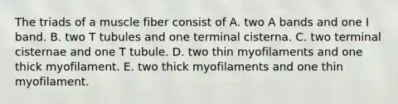 The triads of a muscle fiber consist of A. two A bands and one I band. B. two T tubules and one terminal cisterna. C. two terminal cisternae and one T tubule. D. two thin myofilaments and one thick myofilament. E. two thick myofilaments and one thin myofilament.